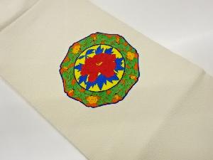 縮緬地手描き牡丹に花葉模様名古屋帯